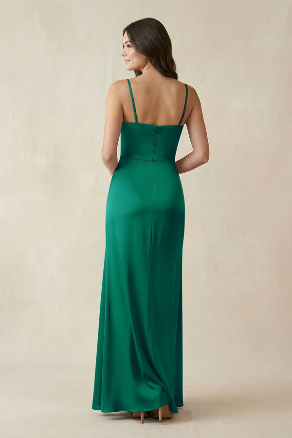 Spaghetti Strap Ruched Sheath Satin Bridesmaid Dress in Green - KissProm Bridesmaid Dresses