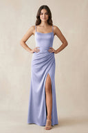 Spaghetti Strap Ruched Sheath Satin Bridesmaid Dress in Lavender - KissProm Bridesmaid Dresses