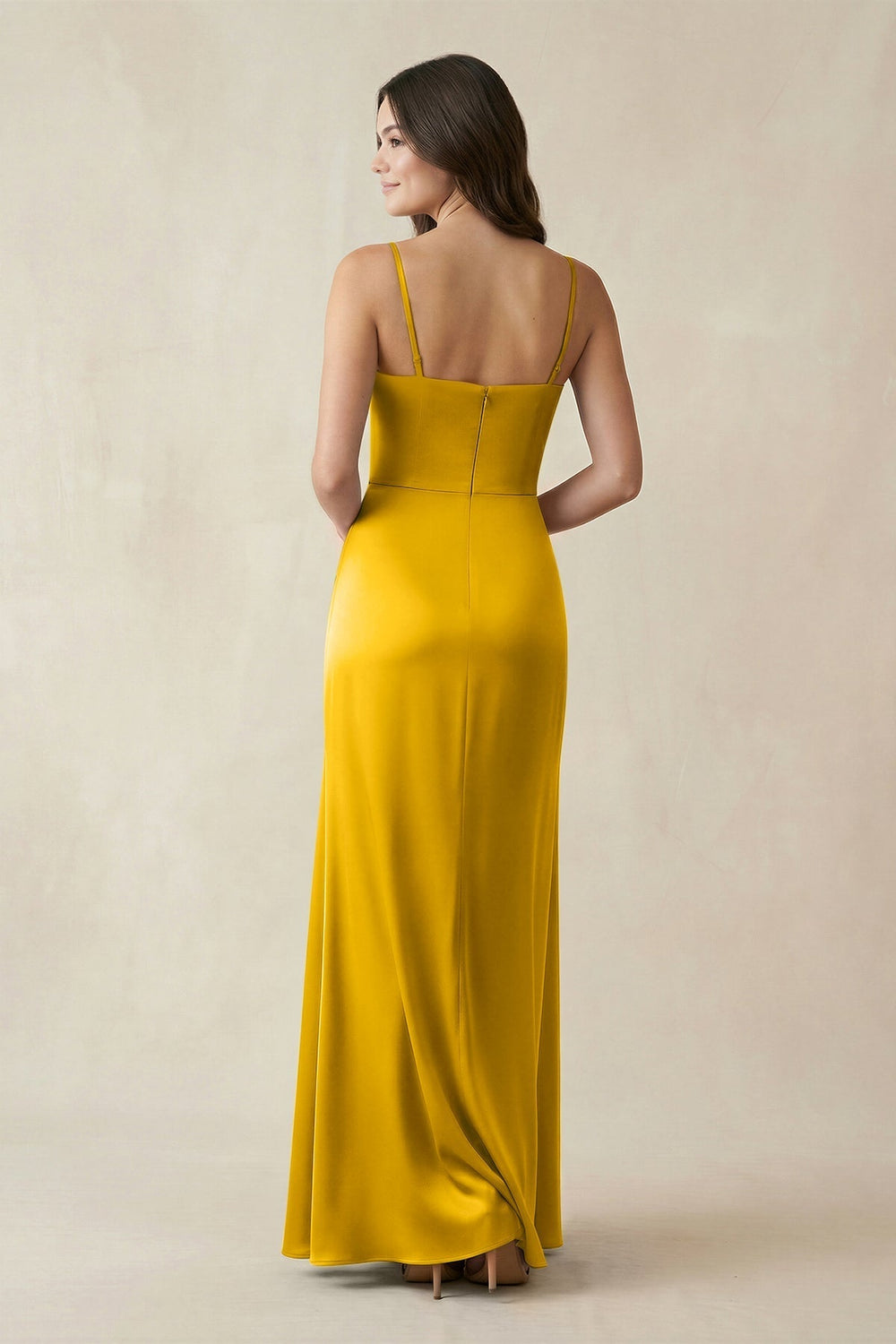 Spaghetti Strap Ruched Sheath Satin Bridesmaid Dress in Marigold - KissProm Bridesmaid Dresses