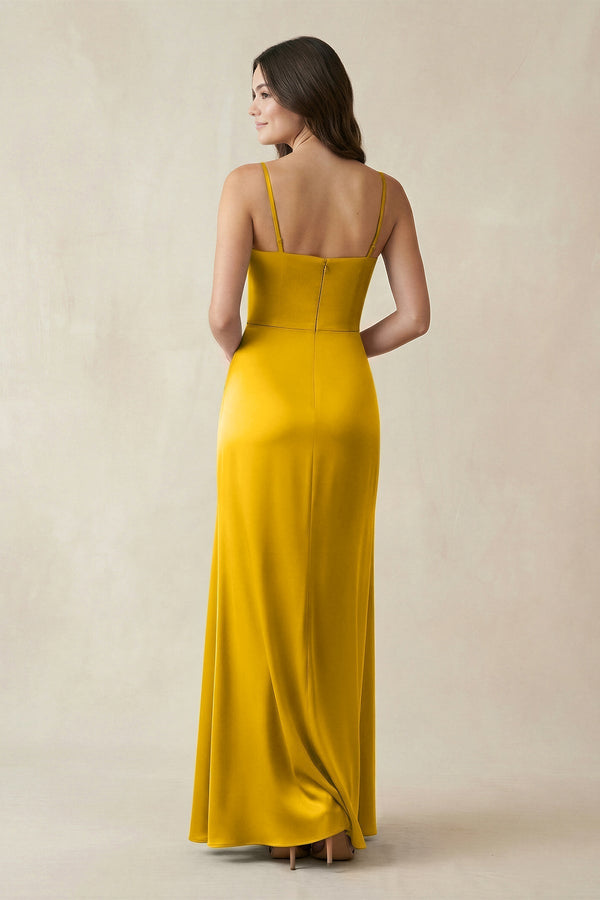 Spaghetti Strap Ruched Sheath Satin Bridesmaid Dress in Marigold - KissProm Bridesmaid Dresses