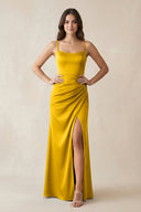 Spaghetti Strap Ruched Sheath Satin Bridesmaid Dress in Marigold - KissProm Bridesmaid Dresses