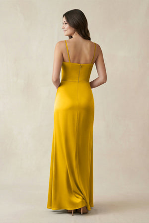 Spaghetti Strap Ruched Sheath Satin Bridesmaid Dress in Marigold - KissProm Bridesmaid Dresses