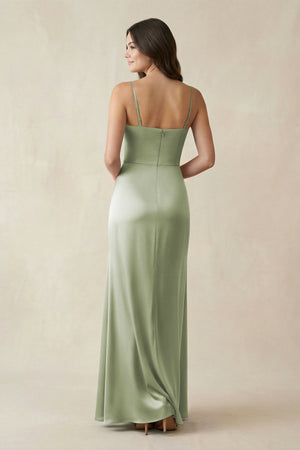 Spaghetti Strap Ruched Sheath Satin Bridesmaid Dress in Matcha - KissProm Bridesmaid Dresses