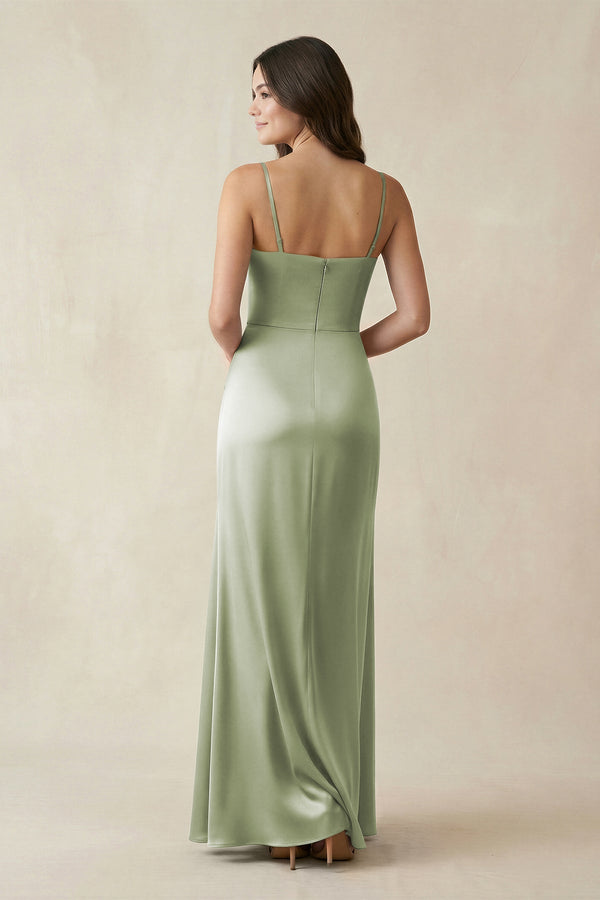 Spaghetti Strap Ruched Sheath Satin Bridesmaid Dress in Matcha - KissProm Bridesmaid Dresses