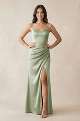 Spaghetti Strap Ruched Sheath Satin Bridesmaid Dress in Matcha - KissProm Bridesmaid Dresses