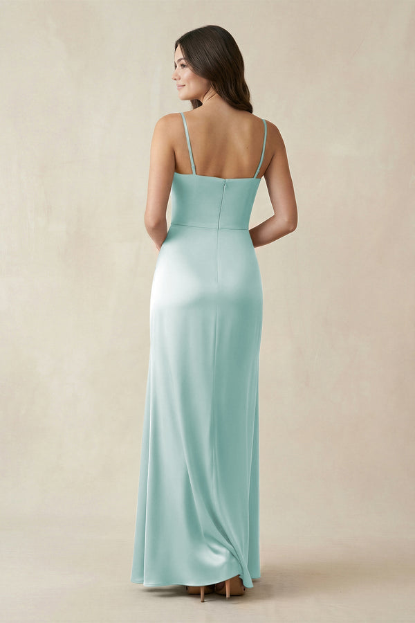 Spaghetti Strap Ruched Sheath Satin Bridesmaid Dress in Mist - KissProm Bridesmaid Dresses