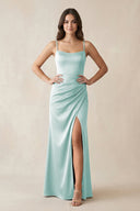 Spaghetti Strap Ruched Sheath Satin Bridesmaid Dress in Mist - KissProm Bridesmaid Dresses