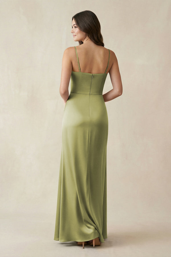 Spaghetti Strap Ruched Sheath Satin Bridesmaid Dress in Moss Green - KissProm Bridesmaid Dresses