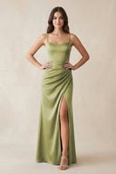 Spaghetti Strap Ruched Sheath Satin Bridesmaid Dress in Moss Green - KissProm Bridesmaid Dresses