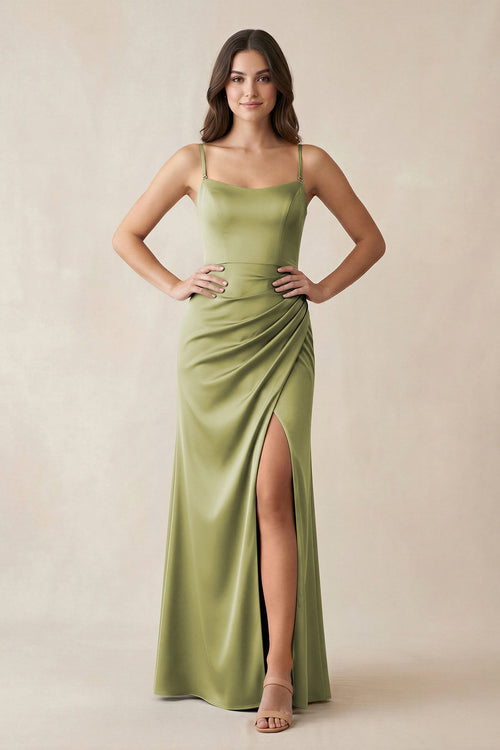 Spaghetti Strap Ruched Sheath Satin Bridesmaid Dress in Moss Green - KissProm Bridesmaid Dresses