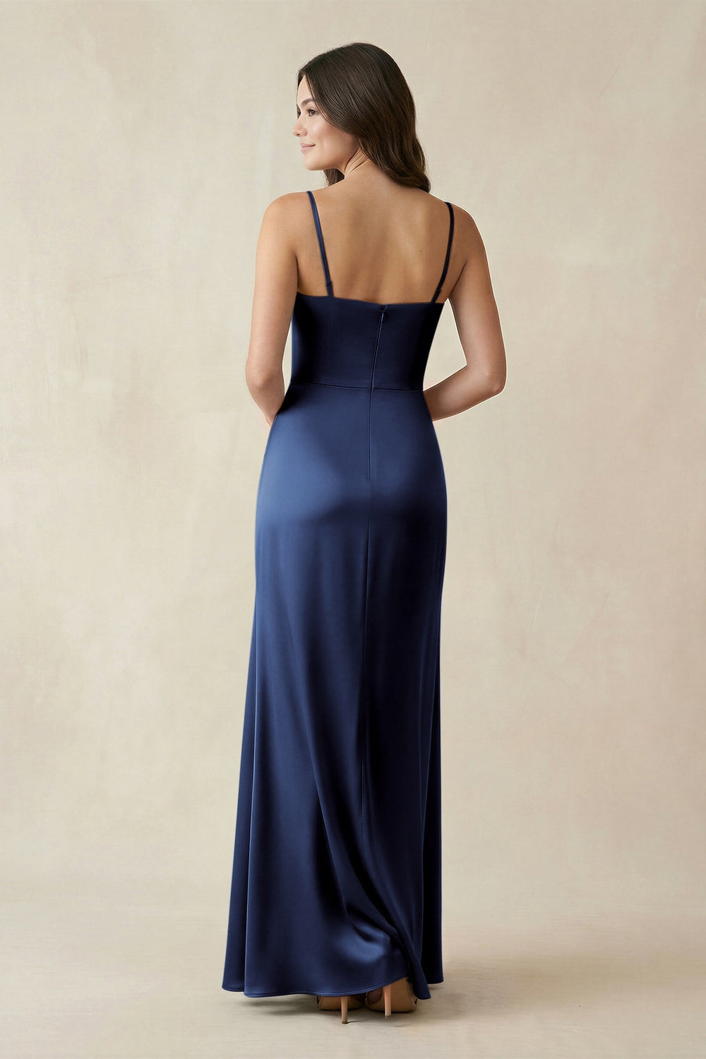 Spaghetti Strap Ruched Sheath Satin Bridesmaid Dress in Navy - KissProm Bridesmaid Dresses