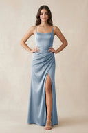 Spaghetti Strap Ruched Sheath Satin Bridesmaid Dress in Neptune - KissProm Bridesmaid Dresses
