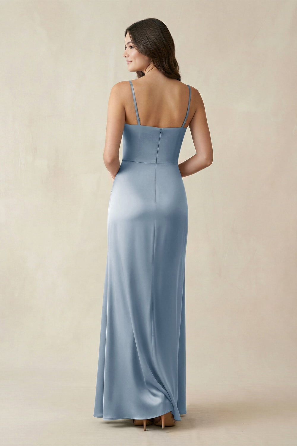 Spaghetti Strap Ruched Sheath Satin Bridesmaid Dress in Neptune - KissProm Bridesmaid Dresses