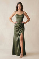 Spaghetti Strap Ruched Sheath Satin Bridesmaid Dress in Olive - KissProm Bridesmaid Dresses