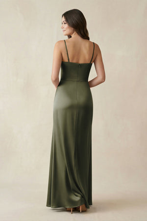 Spaghetti Strap Ruched Sheath Satin Bridesmaid Dress in Olive - KissProm Bridesmaid Dresses