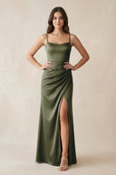 Spaghetti Strap Ruched Sheath Satin Bridesmaid Dress in Olive - KissProm Bridesmaid Dresses