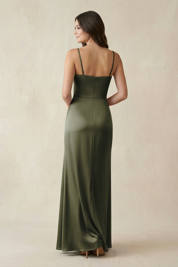 Spaghetti Strap Ruched Sheath Satin Bridesmaid Dress in Olive - KissProm Bridesmaid Dresses