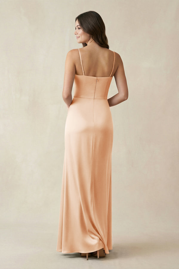 Spaghetti Strap Ruched Sheath Satin Bridesmaid Dress in Pale Blush - KissProm Bridesmaid Dresses