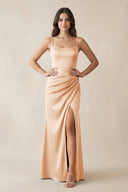 Spaghetti Strap Ruched Sheath Satin Bridesmaid Dress in Pale Blush - KissProm Bridesmaid Dresses