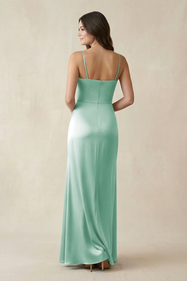 Spaghetti Strap Ruched Sheath Satin Bridesmaid Dress in Pale Pistachio - KissProm Bridesmaid Dresses