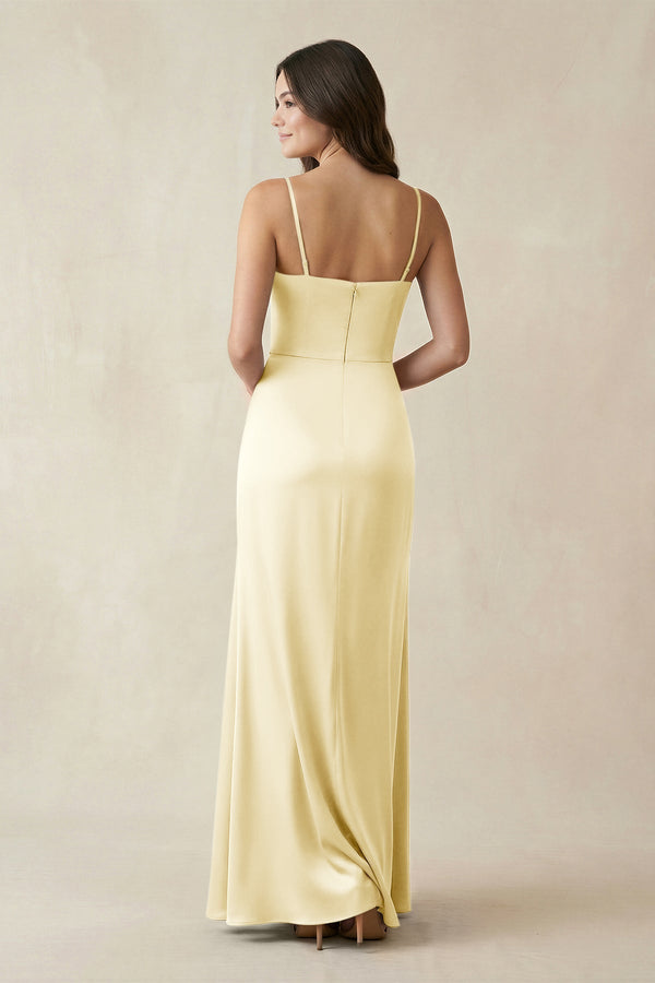 Spaghetti Strap Ruched Sheath Satin Bridesmaid Dress in Pastel Yellow - KissProm Bridesmaid Dresses