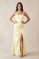 Spaghetti Strap Ruched Sheath Satin Bridesmaid Dress in Pastel Yellow - KissProm Bridesmaid Dresses