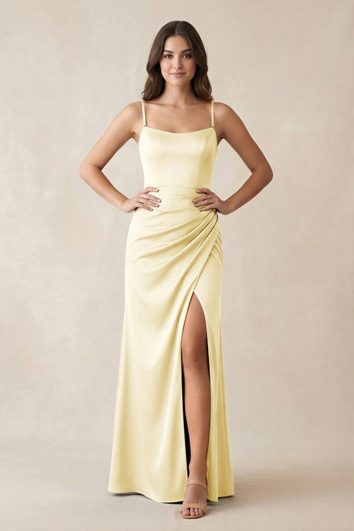 Spaghetti Strap Ruched Sheath Satin Bridesmaid Dress in Pastel Yellow - KissProm Bridesmaid Dresses