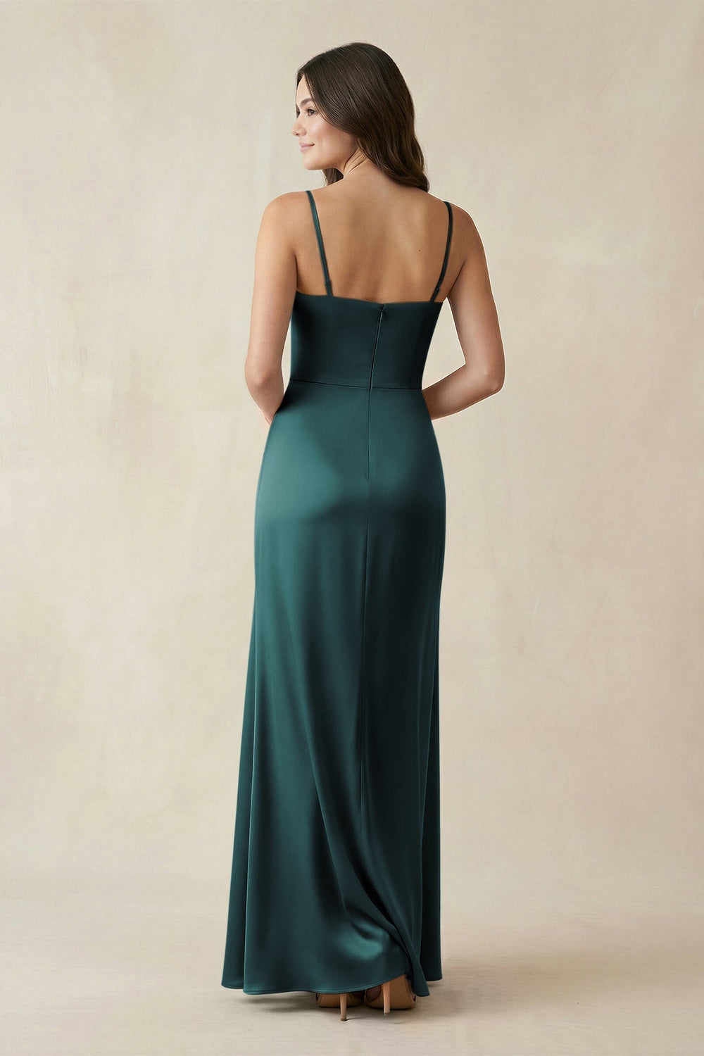 Spaghetti Strap Ruched Sheath Satin Bridesmaid Dress in Pine - KissProm Bridesmaid Dresses