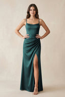 Spaghetti Strap Ruched Sheath Satin Bridesmaid Dress in Pine - KissProm Bridesmaid Dresses
