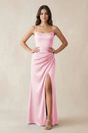 Spaghetti Strap Ruched Sheath Satin Bridesmaid Dress in Pink - KissProm Bridesmaid Dresses
