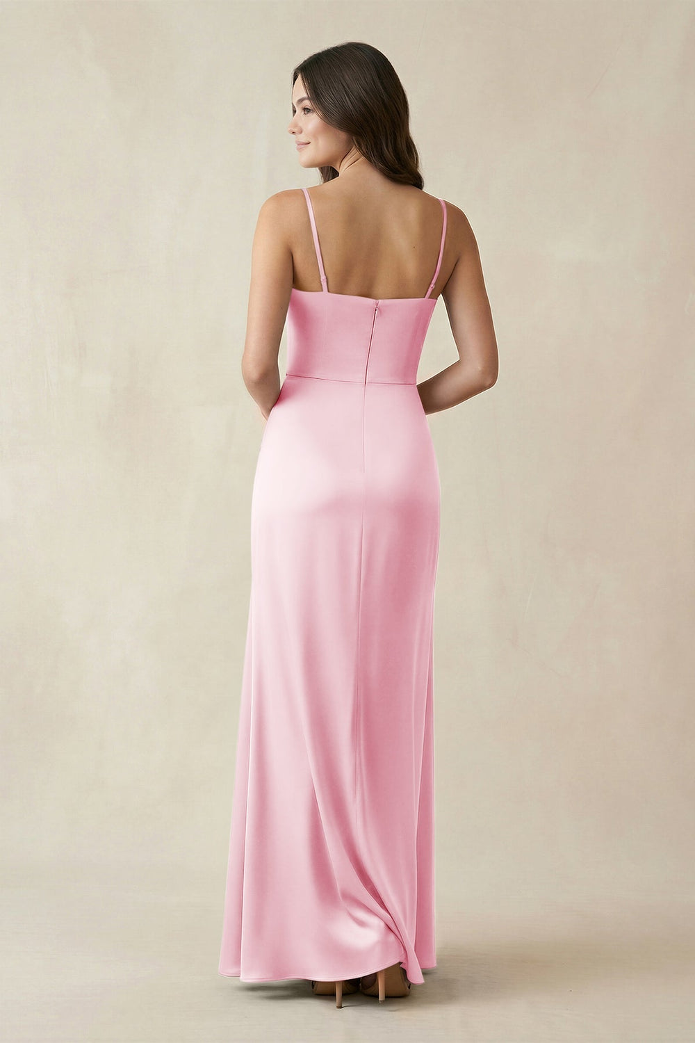 Spaghetti Strap Ruched Sheath Satin Bridesmaid Dress in Pink - KissProm Bridesmaid Dresses