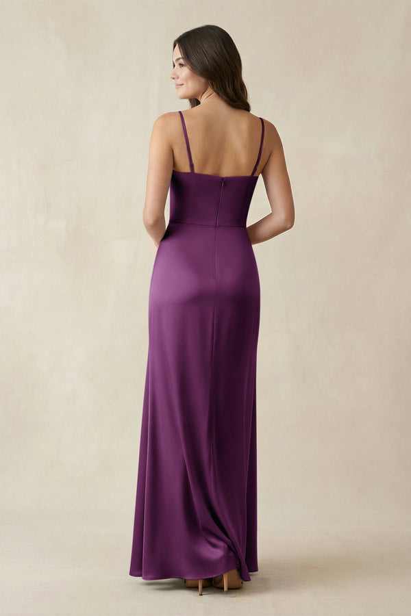 Spaghetti Strap Ruched Sheath Satin Bridesmaid Dress in Plum - KissProm Bridesmaid Dresses