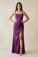 Spaghetti Strap Ruched Sheath Satin Bridesmaid Dress in Plum - KissProm Bridesmaid Dresses