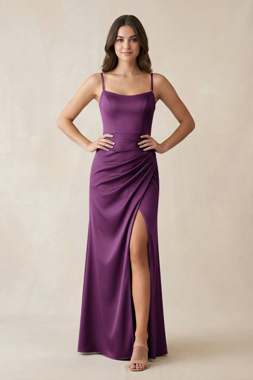 Spaghetti Strap Ruched Sheath Satin Bridesmaid Dress in Plum - KissProm Bridesmaid Dresses
