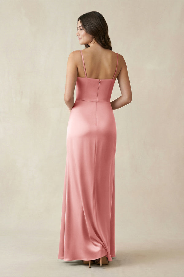 Spaghetti Strap Ruched Sheath Satin Bridesmaid Dress in Rosette - KissProm Bridesmaid Dresses
