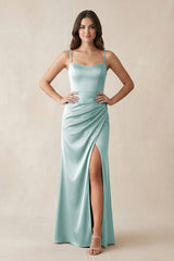 Spaghetti Strap Ruched Sheath Satin Bridesmaid Dress in Sage - KissProm Bridesmaid Dresses