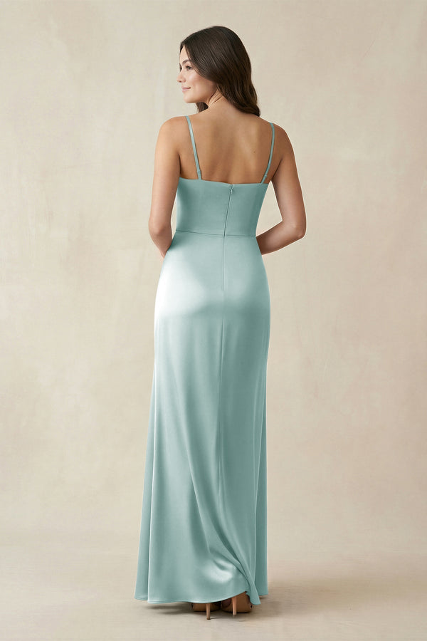 Spaghetti Strap Ruched Sheath Satin Bridesmaid Dress in Sage - KissProm Bridesmaid Dresses