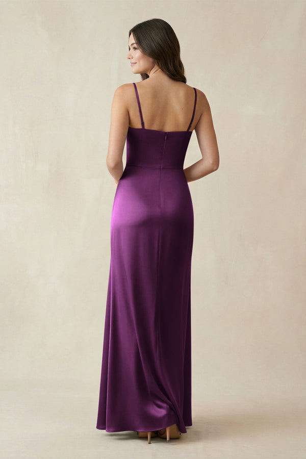 Spaghetti Strap Ruched Sheath Satin Bridesmaid Dress in Sangria - KissProm Bridesmaid Dresses