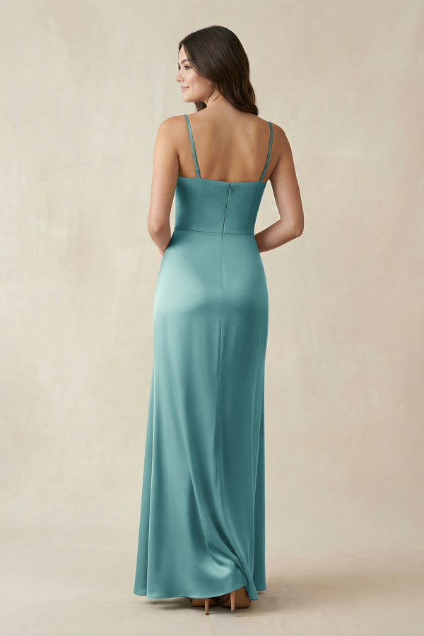 Spaghetti Strap Ruched Sheath Satin Bridesmaid Dress in Sea Glass - KissProm Bridesmaid Dresses