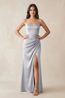 Spaghetti Strap Ruched Sheath Satin Bridesmaid Dress in Silver - KissProm Bridesmaid Dresses