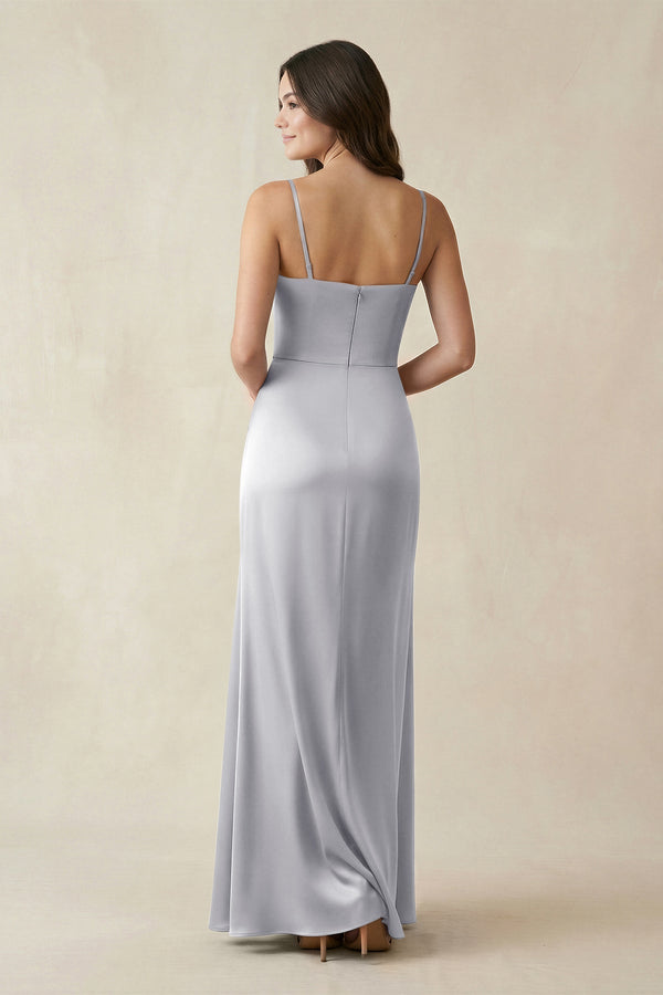Spaghetti Strap Ruched Sheath Satin Bridesmaid Dress in Silver - KissProm Bridesmaid Dresses
