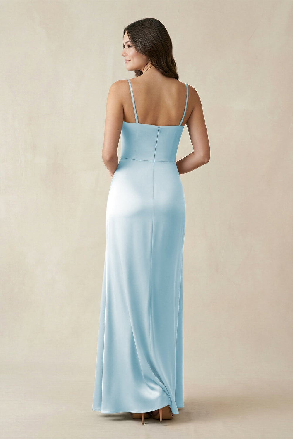 Spaghetti Strap Ruched Sheath Satin Bridesmaid Dress in Sky Blue - KissProm Bridesmaid Dresses