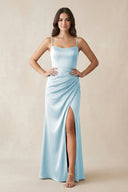 Spaghetti Strap Ruched Sheath Satin Bridesmaid Dress in Sky Blue - KissProm Bridesmaid Dresses