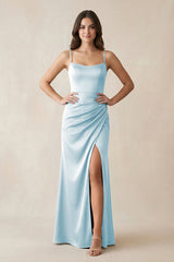 Spaghetti Strap Ruched Sheath Satin Bridesmaid Dress in Sky Blue - KissProm Bridesmaid Dresses
