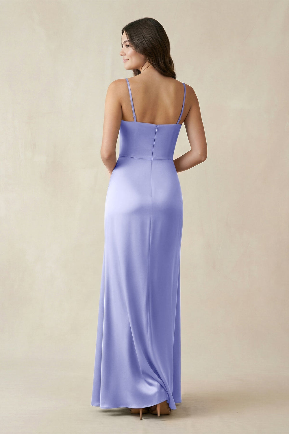 Spaghetti Strap Ruched Sheath Satin Bridesmaid Dress in Steel Blue - KissProm Bridesmaid Dresses