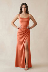 Spaghetti Strap Ruched Sheath Satin Bridesmaid Dress in Terracotta - KissProm Bridesmaid Dresses