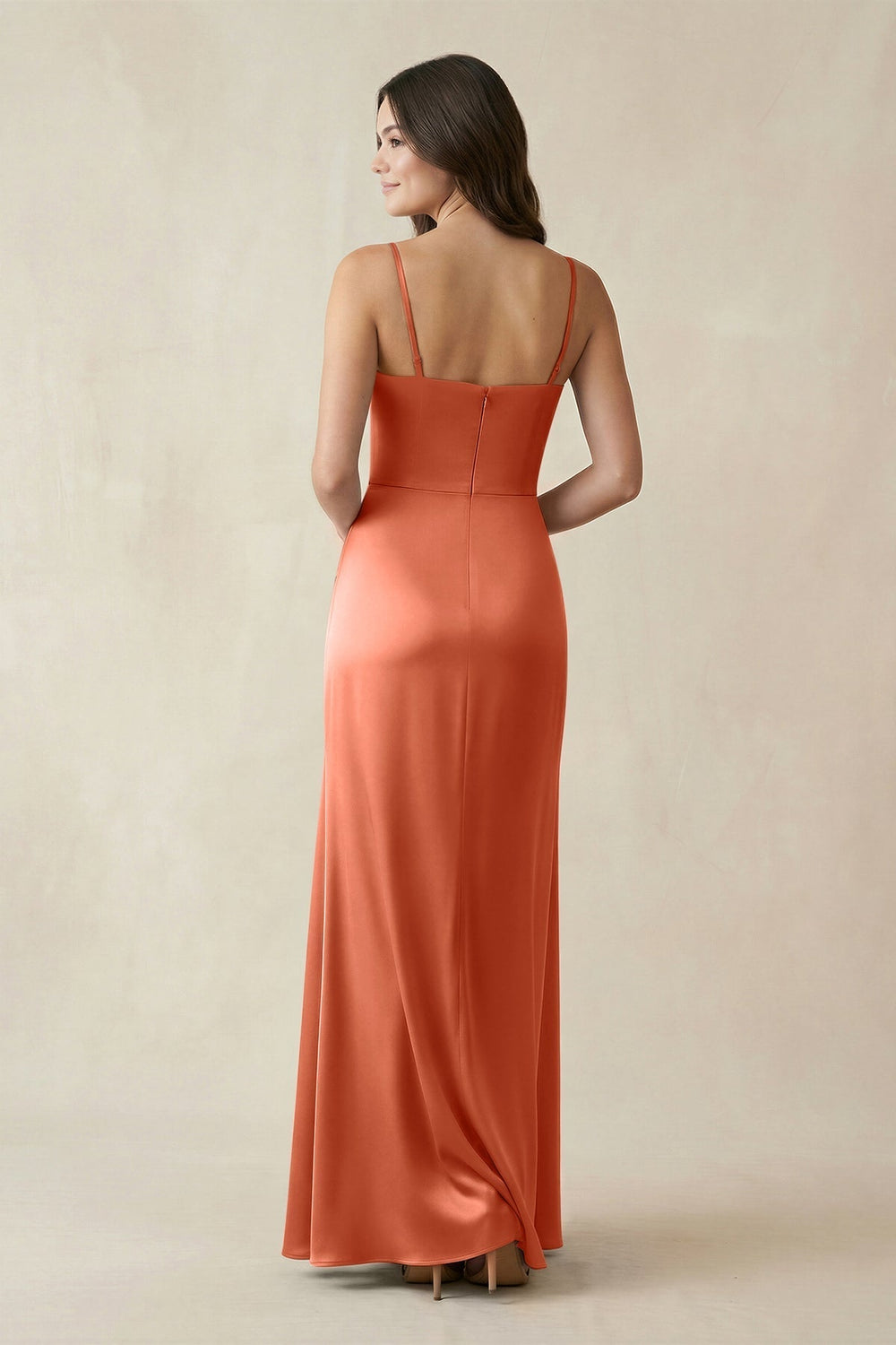 Spaghetti Strap Ruched Sheath Satin Bridesmaid Dress in Terracotta - KissProm Bridesmaid Dresses