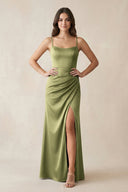 Spaghetti Strap Ruched Sheath Satin Bridesmaid Dress in Thyme - KissProm Bridesmaid Dresses