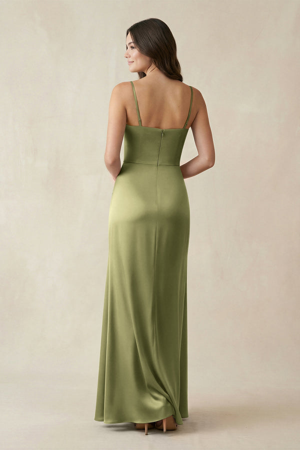 Spaghetti Strap Ruched Sheath Satin Bridesmaid Dress in Thyme - KissProm Bridesmaid Dresses
