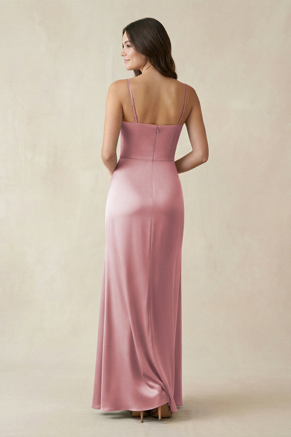 Spaghetti Strap Ruched Sheath Satin Bridesmaid Dress in Toffee - KissProm Bridesmaid Dresses